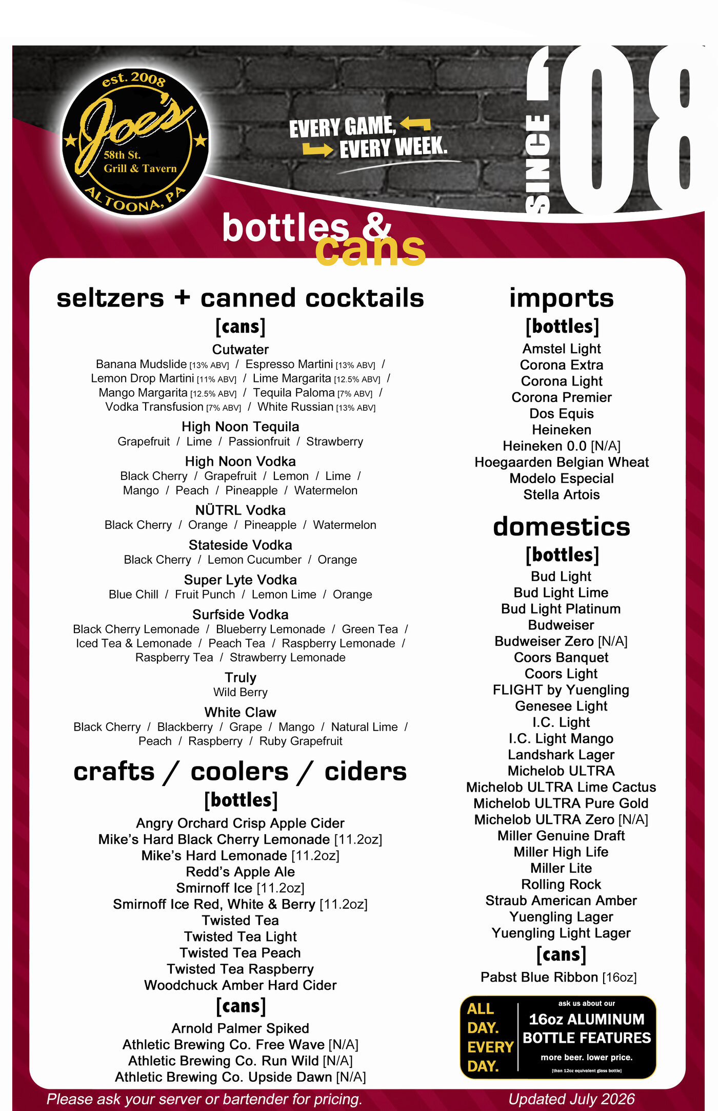 Joe's bottle beer menu