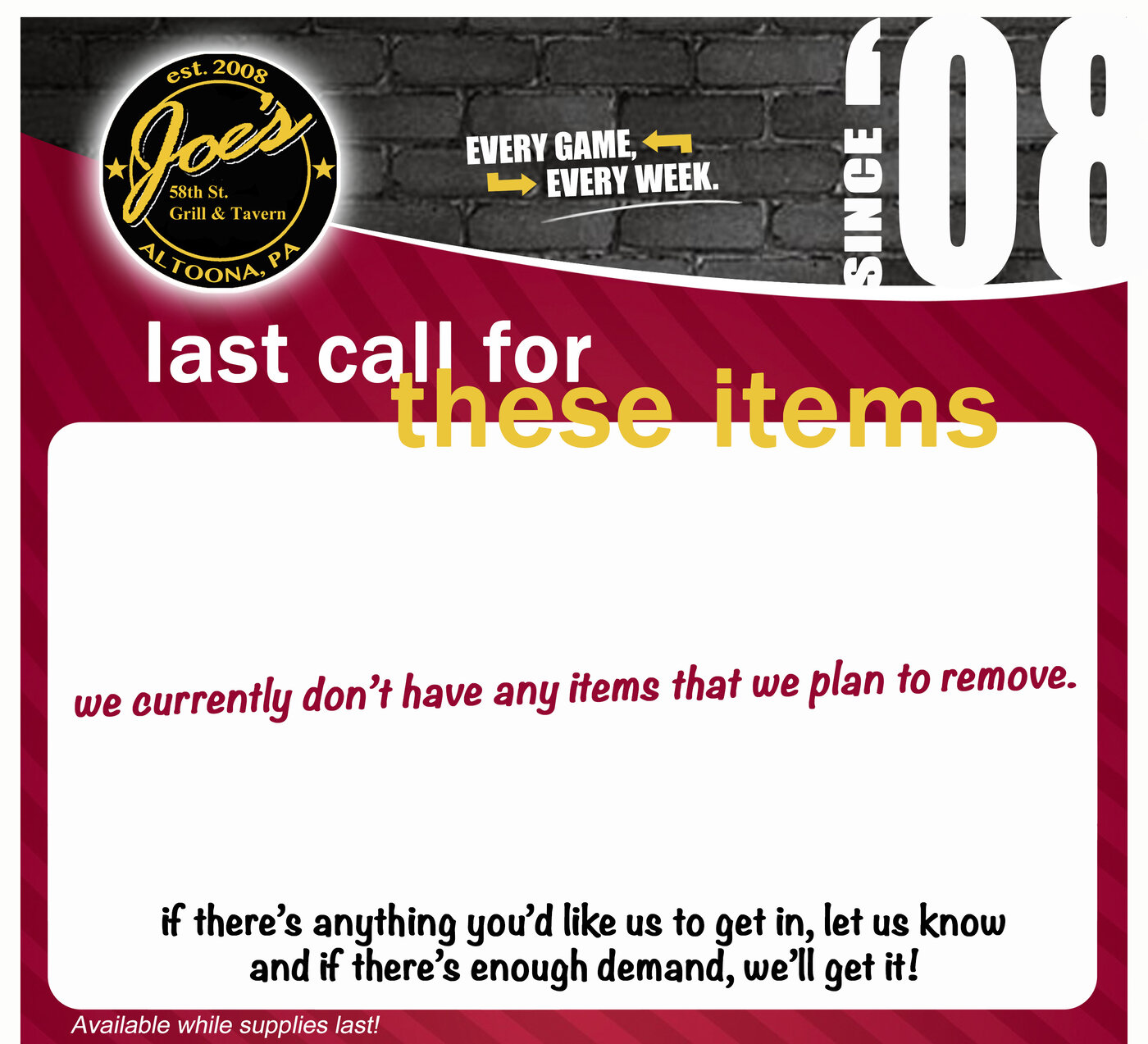 Joe's last call specials