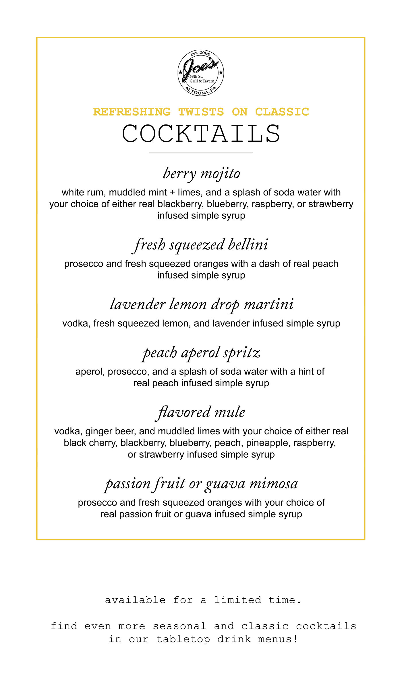 Joe's seasonal beverages menu