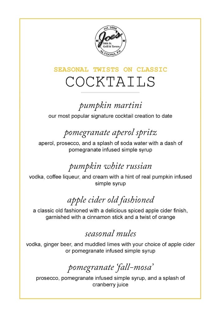 Joe's seasonal beverages menu