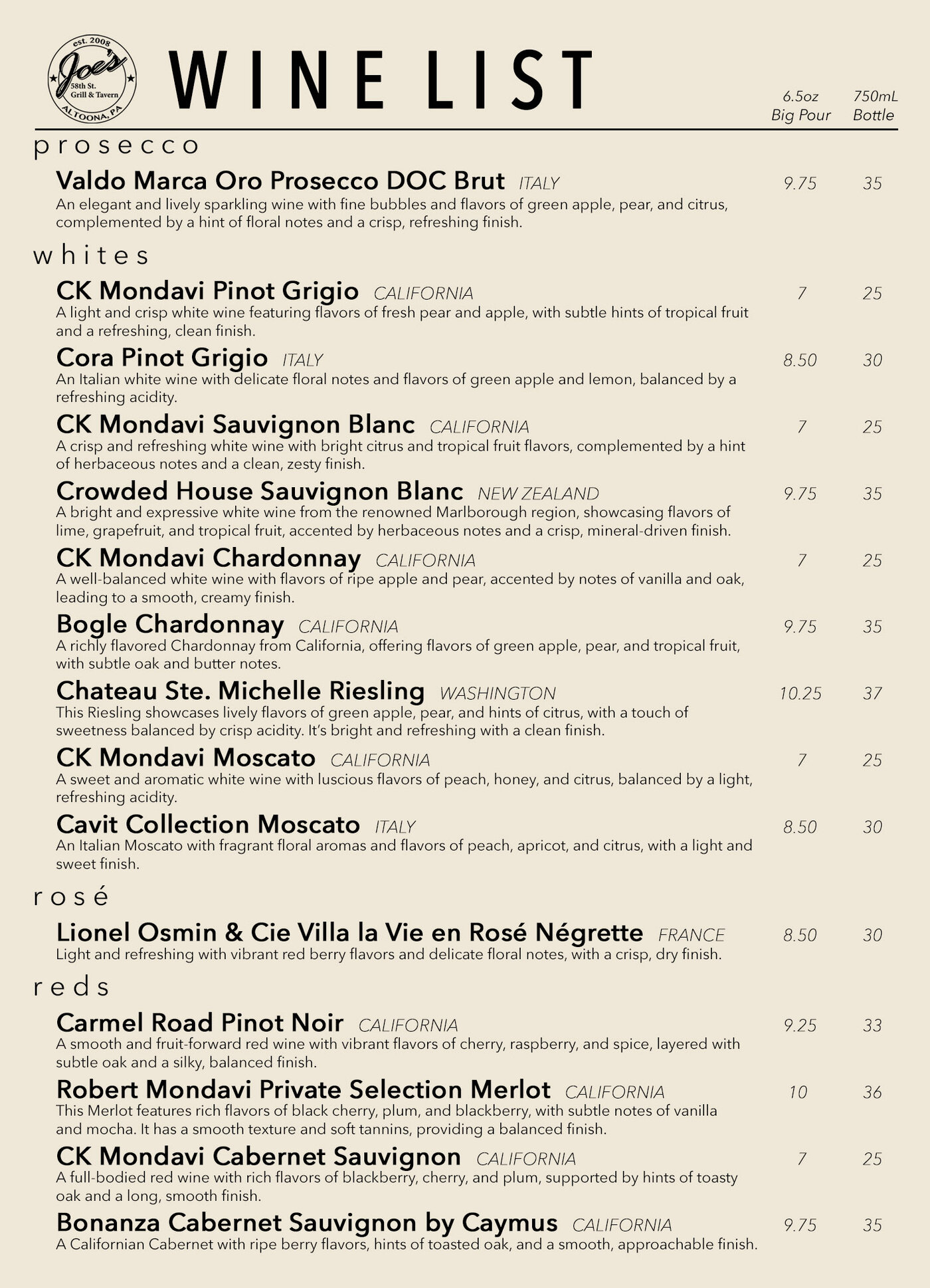 Joe's wine menu