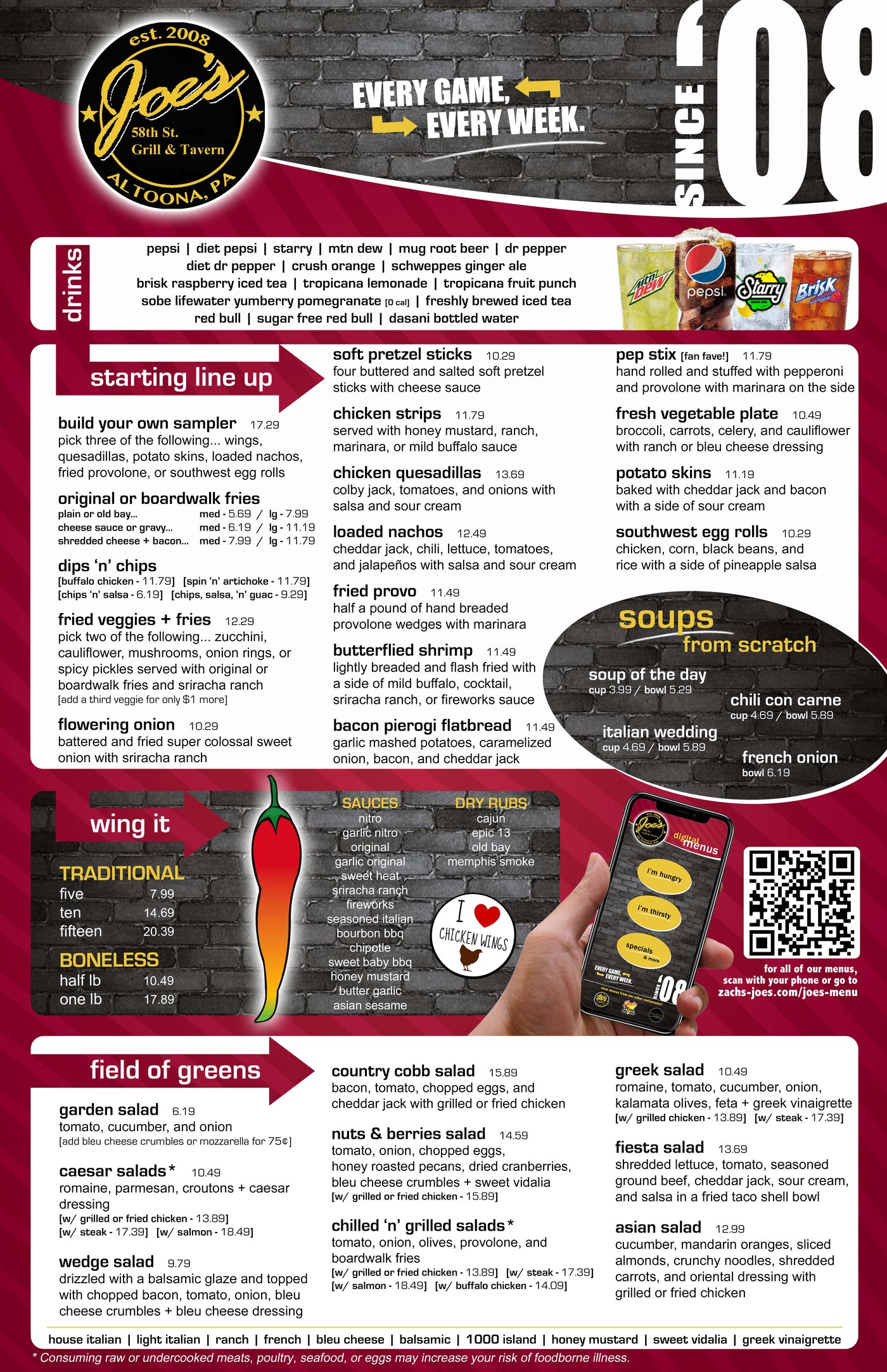 Joe's regular menu — front side