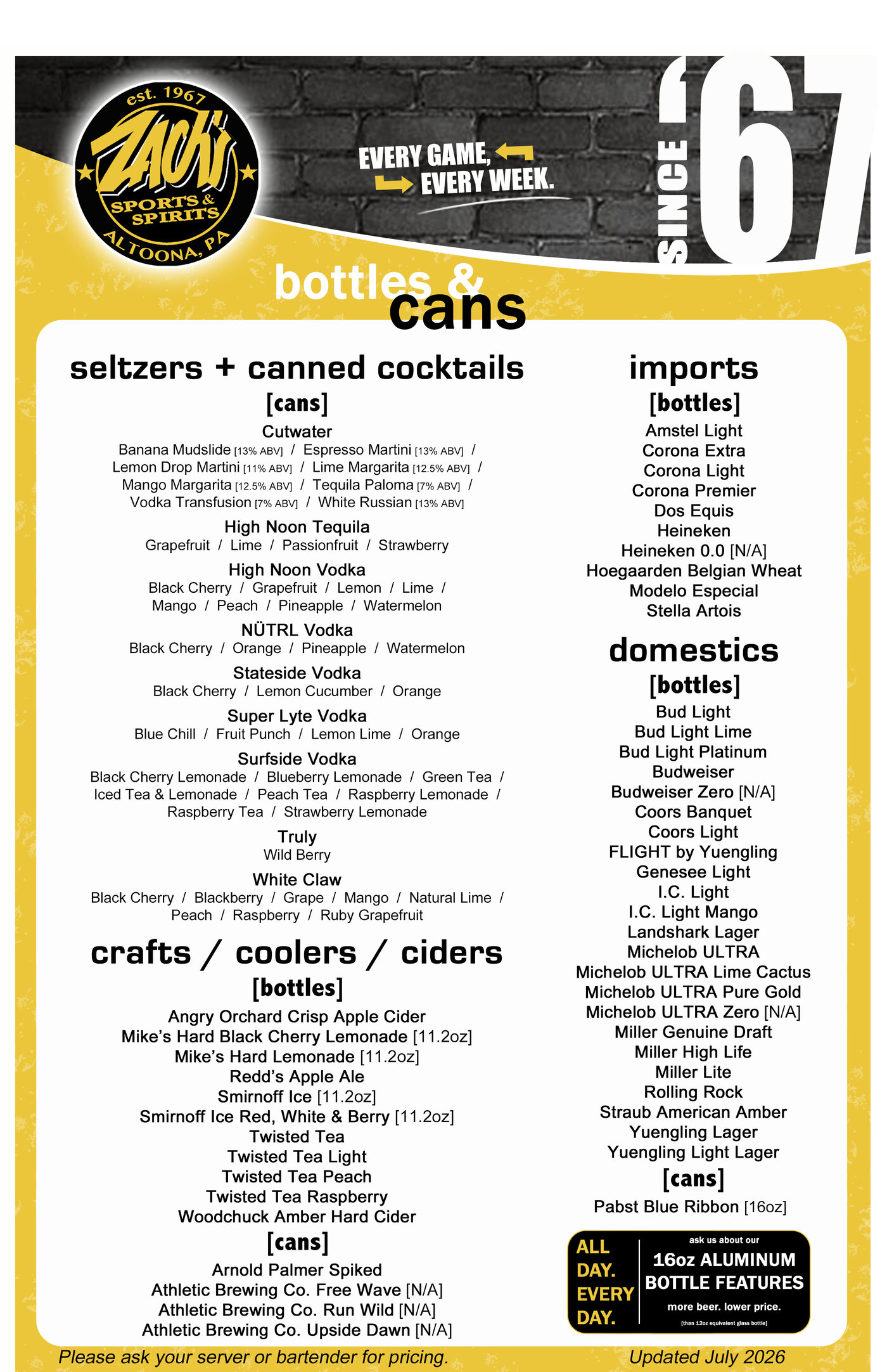 Zach's bottle beer menu