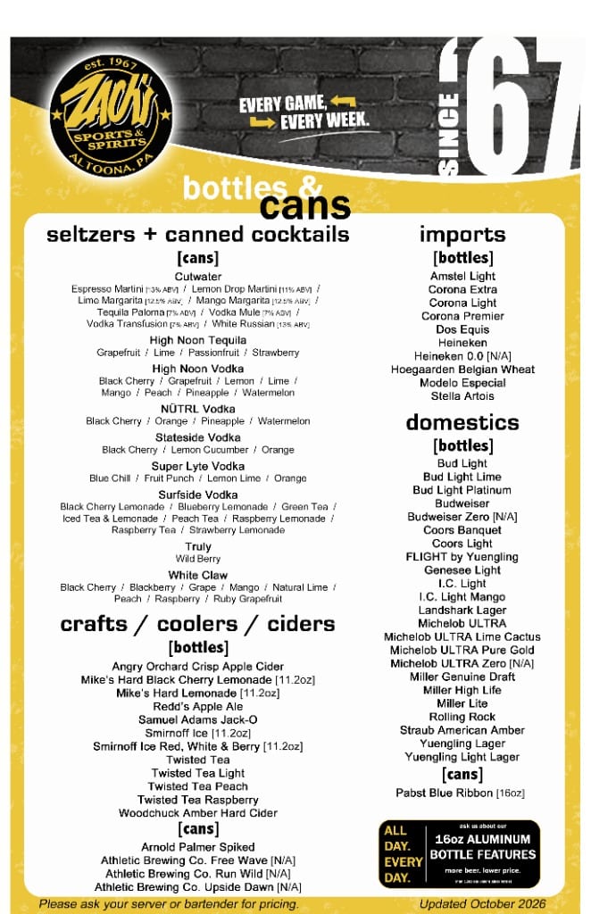 Zach's bottle beer menu