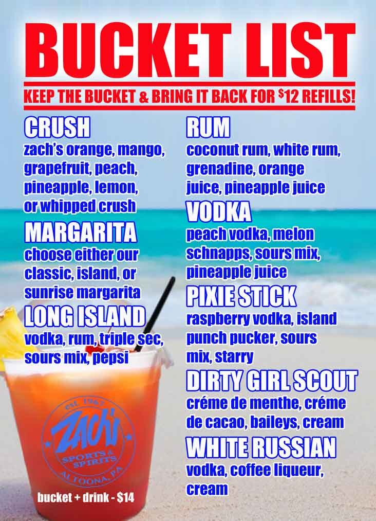 Zach's bucket list menu
