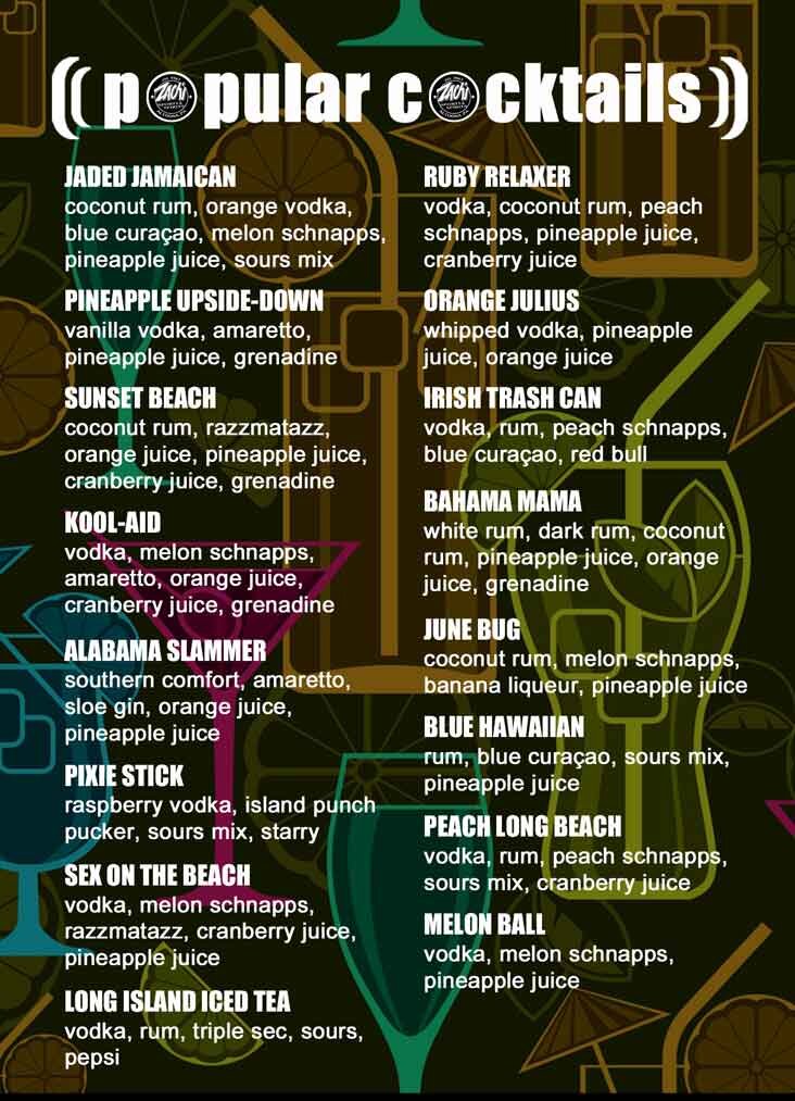 Zach's popular cocktails menu