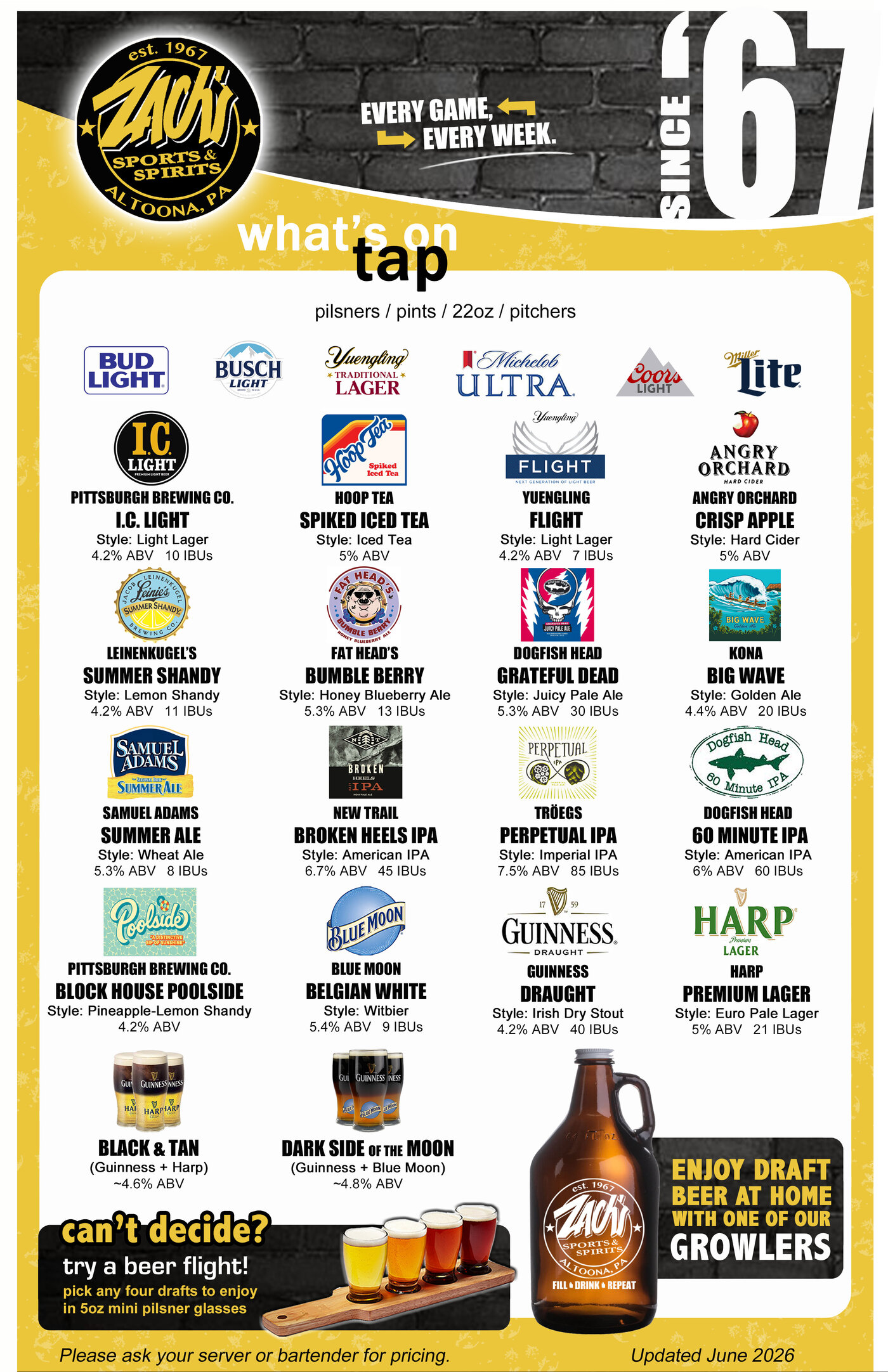 Zach's draft beer menu