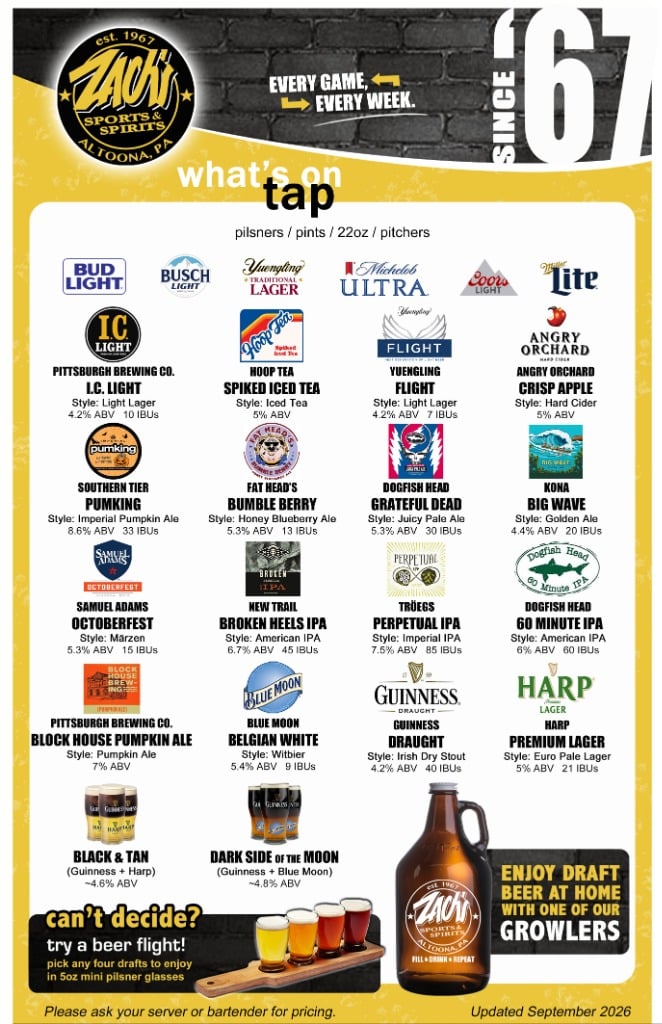 Zach's draft beer menu