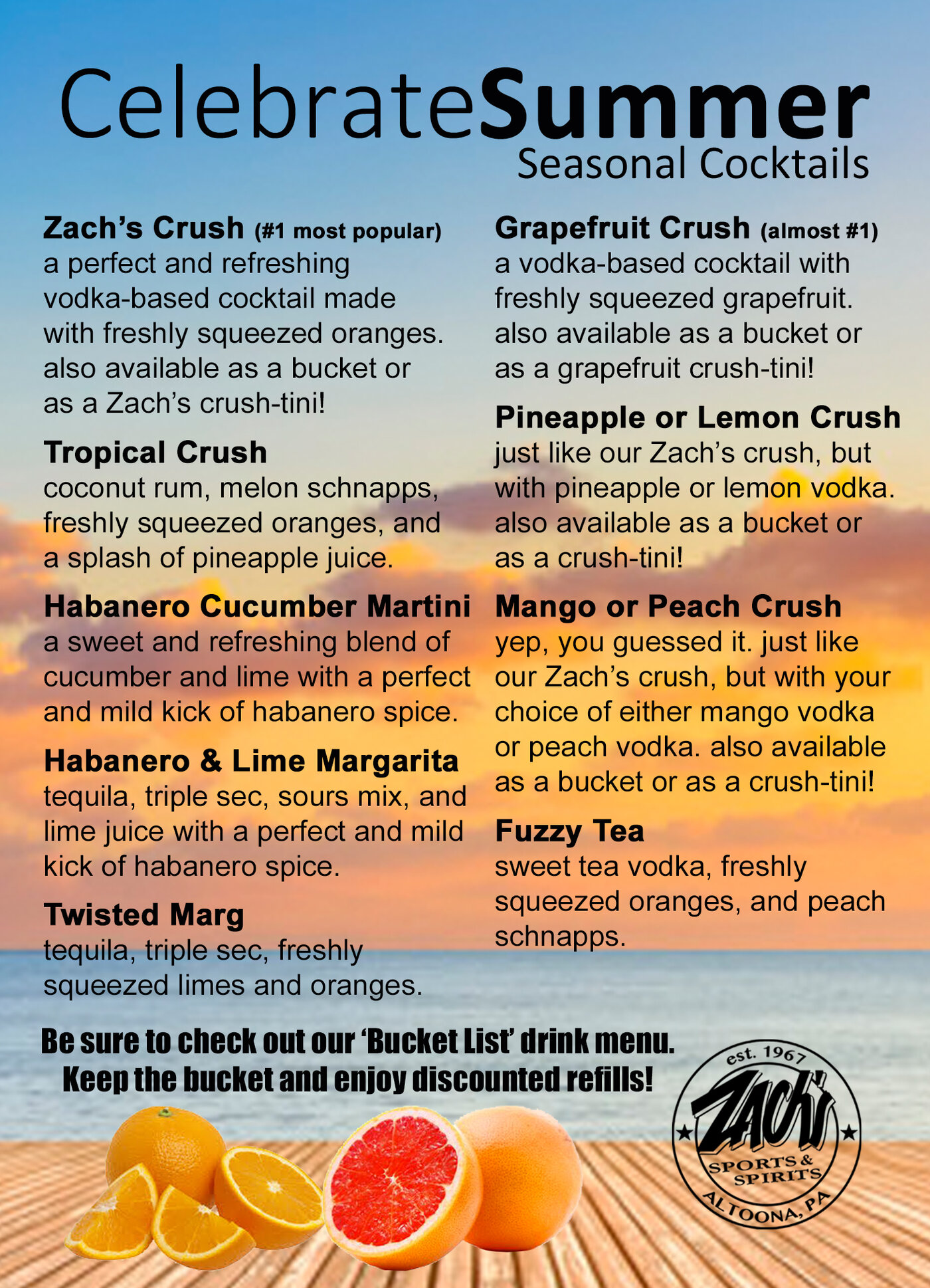 Zach's featured drinks menu