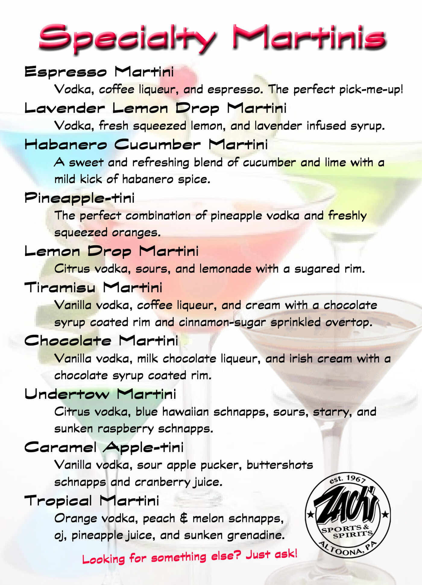 Zach's martini menu
