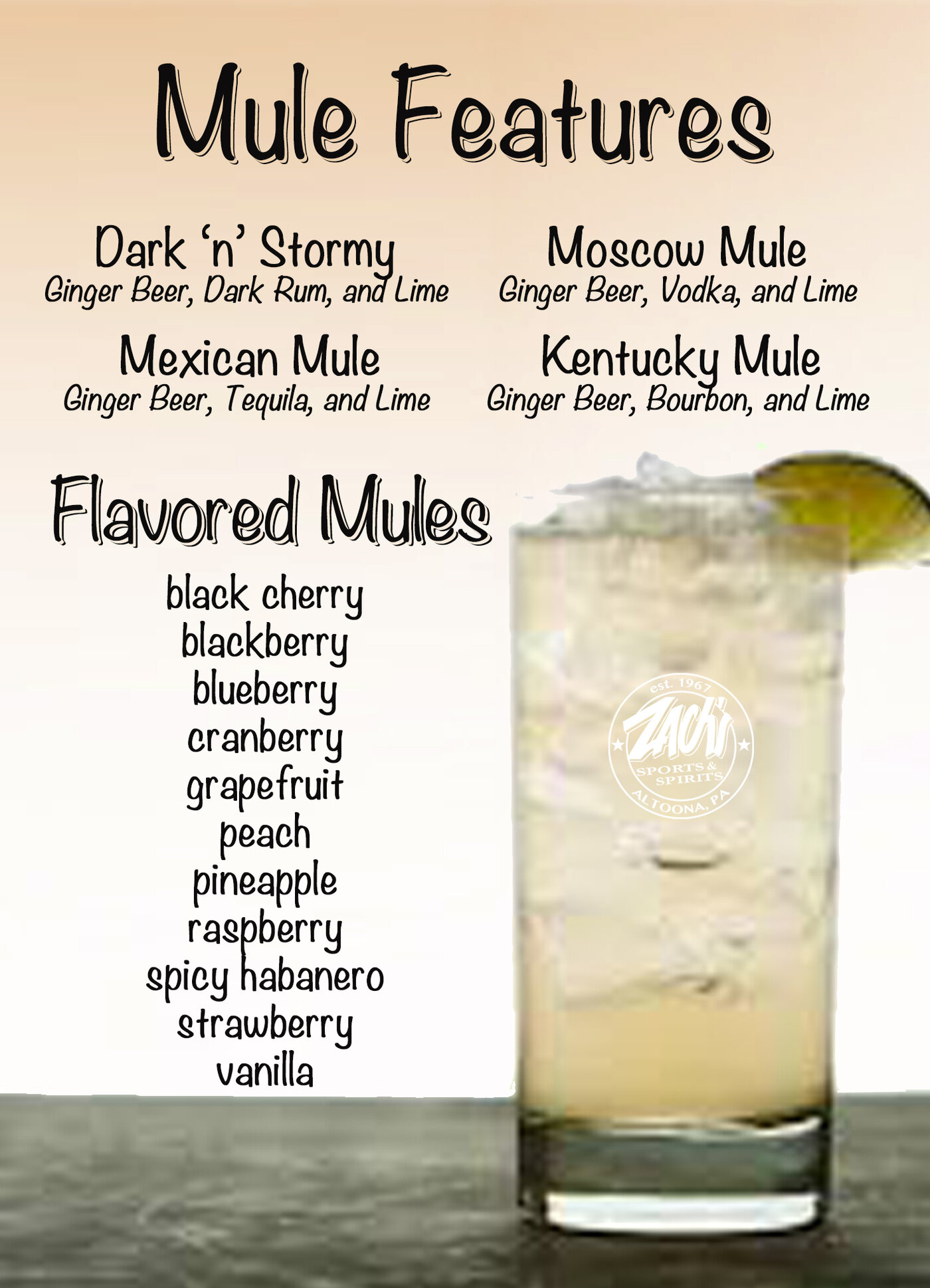 Zach's mule cocktail menu
