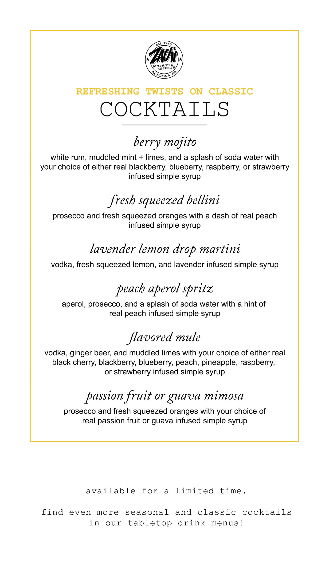 Zach's seasonal beverages menu