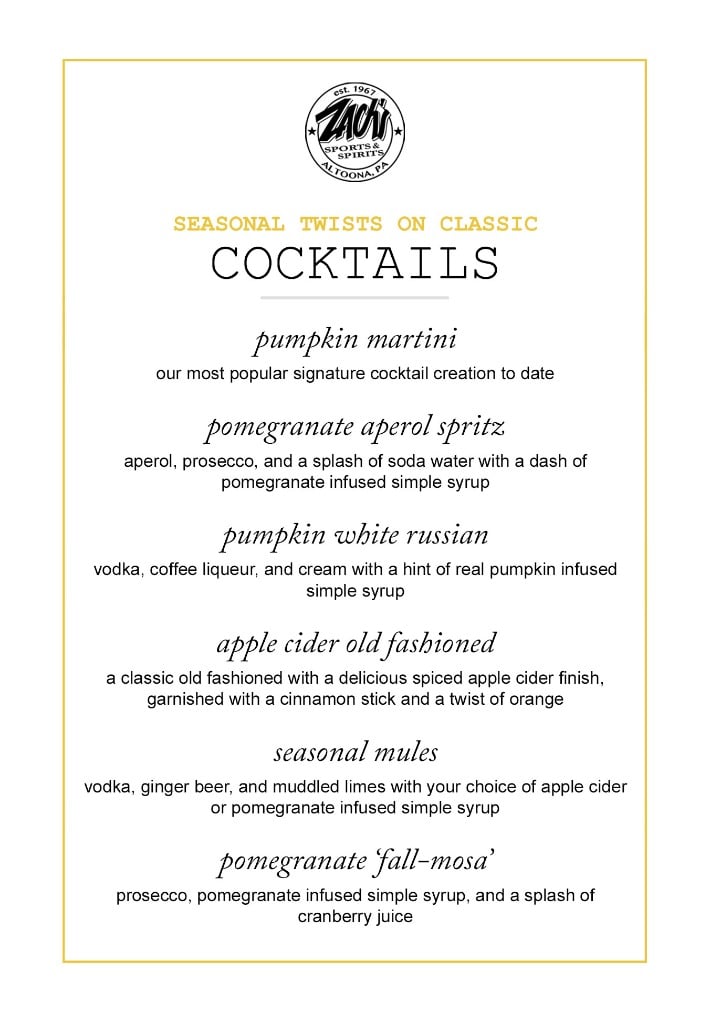 Zach's seasonal beverages menu