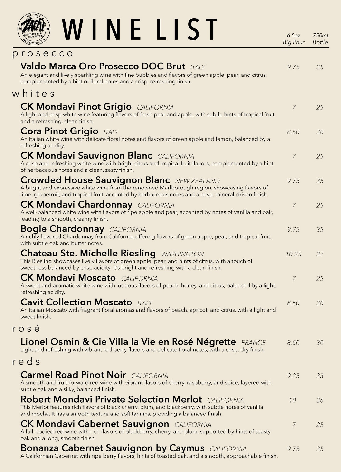 Zach's wine menu