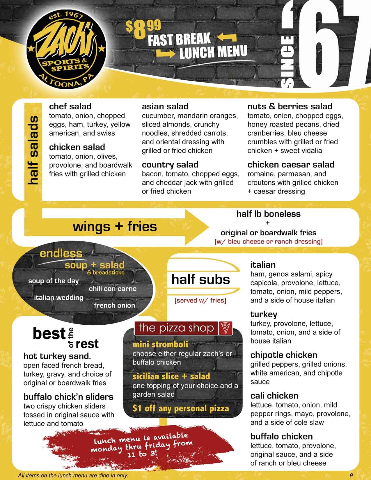 Zach's lunch menu